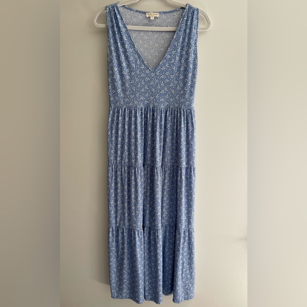 See You Monday Blue Floral Ribbed Sleeveless Maxi Dress, Women's Medium